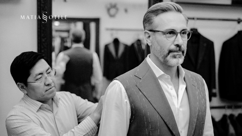Prueba de estructura en saco artesanal bespoke por el maestro sastre Matías Sotile en su atelier.